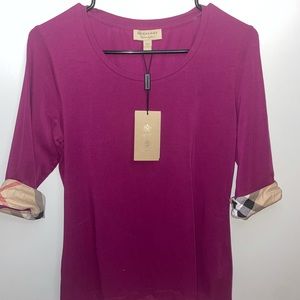 BURBERRY Check Cuff Three-Quarter Sleeve T-Shirt